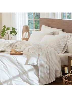 NEW MooMee Striped Sheet Set 100% Washed Cotton Linen Like -queen, tannish grey